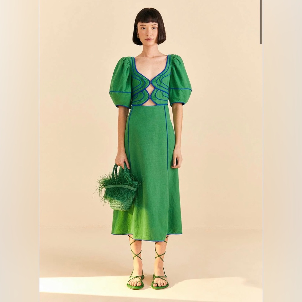 FARM Rio Green Topstitched Midi Dress